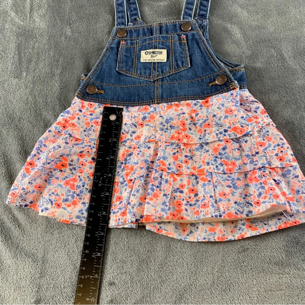 Oshkosh Vintage Romper Denim Bib Top With Floral Ruffle‎ Skirt Size 12 Months